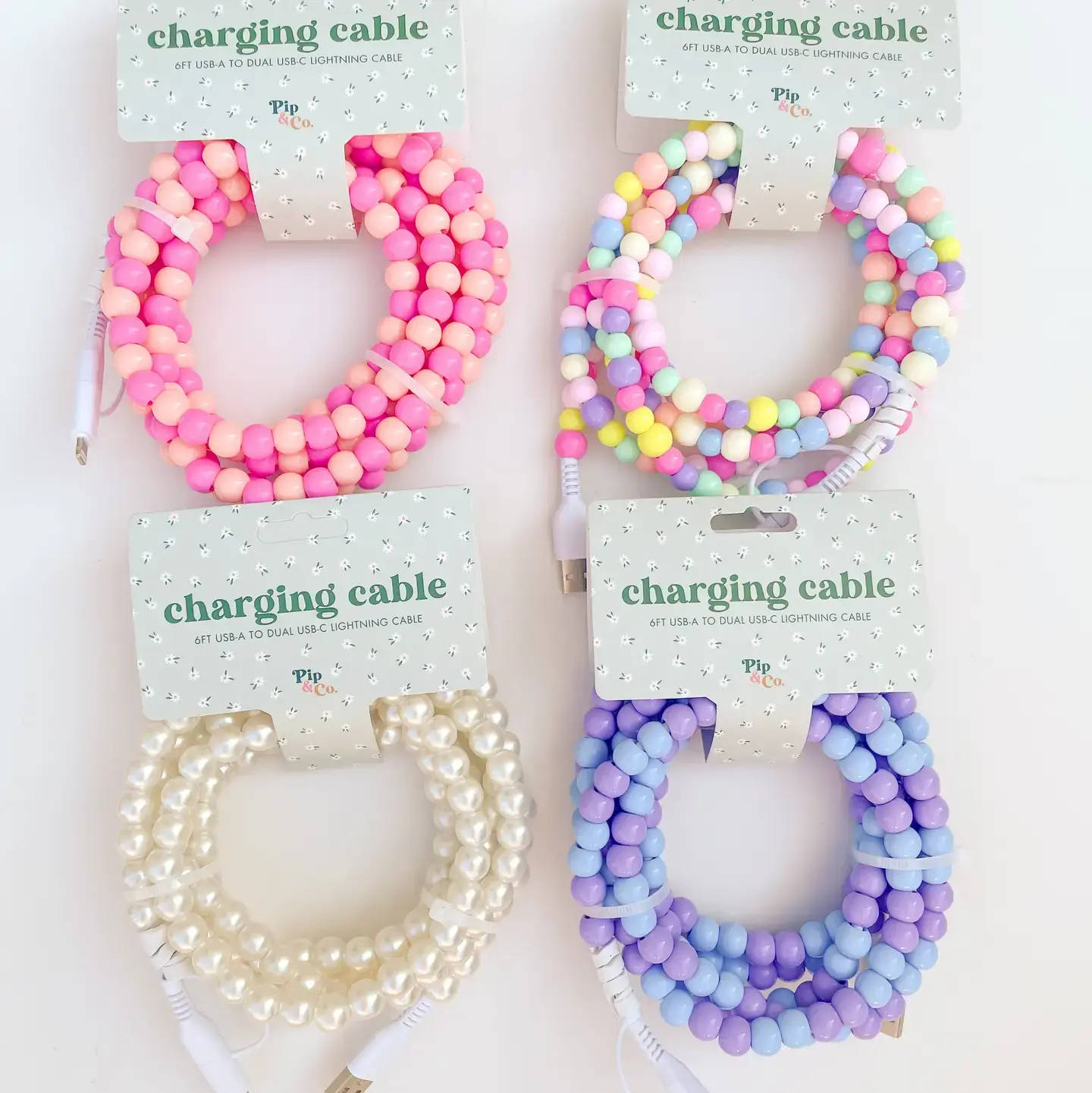 6ft Beaded Phone Charger Usb-A & Dual Usb-C Lightning Cable