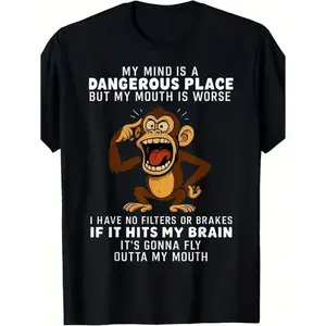 Essential Clean Fit Tee 2026  Premium Combed CottonBold Honesty Tee for Everyday - ‘If It Hits My Brain…’ Slogan with Cartoon Monkey for a Laid-Back Vibe,Personalized short-sleeved T-shirt, regula Oversized Dropped Shoulder Unisex Boxy Fit Heavyweight Tee