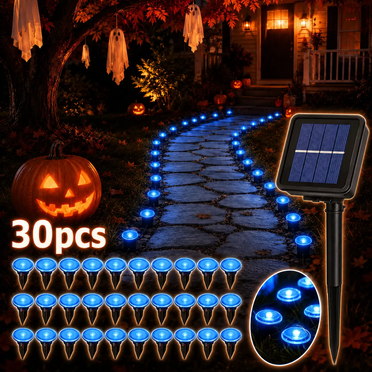 30PCS Solar Blue LED Pathway Stake Lights - 8 Lighting Modes, Waterproof, Auto Dusk-to-Dawn, Easy-Install Outdoor Decor for Garden Walkway, All-Weather Energy-Saving Patio Driveway Halloween Accents