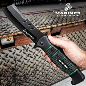 "USMC Cleaver Maximum Pocket Knife   5 1/2"" Blade   12"" Overall   TPR Handle with Deep Grooves   Pocket Clip and Glass Breaker"