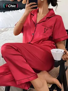 Women's Valentine's Day Embroidered Heart Love Sleepwear Set, Casual Loose-Fitting Shirt and Pants Two-Piece Suit Pajamas