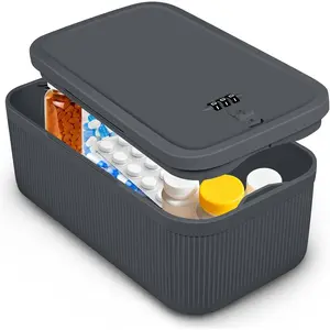 Lockable combination code lock box, secure storage container for medication, pills, first aid kits, food, snacks, and phone—ideal for home, refrigerator, office, and school (Gray).