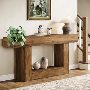 212 MAIN 63 in. Vintage Brown Wood Farmhouse 2-Tier Narrow Long Console Table - Rustic Hallway Table, Sturdy U-Base Legs, Open Shelf, Ideal for Entryway, Behind Couch