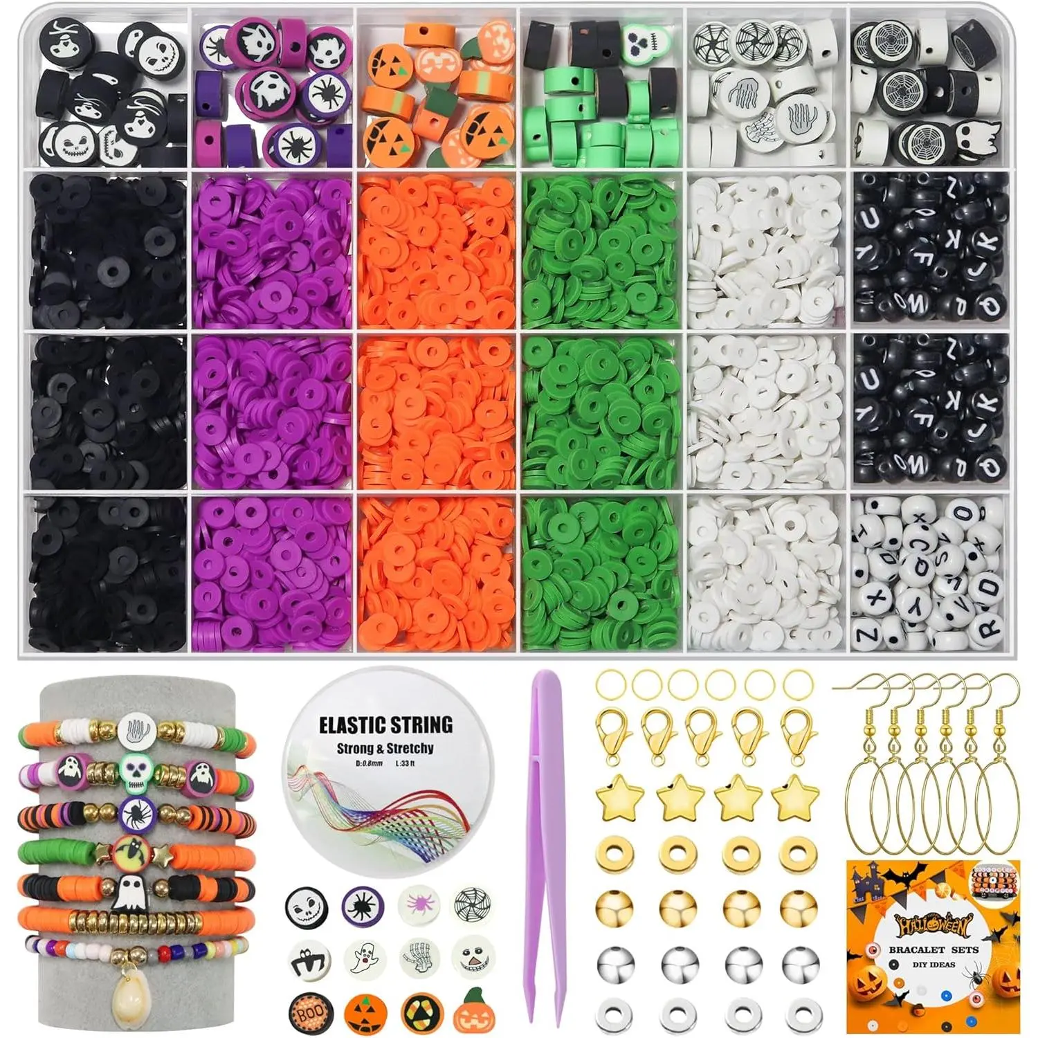 3200+ Pcs Polymer Clay Beads Making Kit with Halloween Theme Charms - 2mm,4mm,5-6mm,10mm Beads for Charm Bracelets,Bracelets for Women - DIY Jewelry Crafts Accessories,Birthday Gifts for Women, Friendship Bracelets