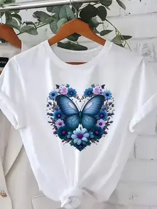 Plus Size, Women's Plus Size Blue Butterfly & Heart Print Short Sleeve T-Shirt - Round Neck Blouse, Medium-Stretch Fabric Suitable for Spring Summer Fall, Machine Washable Casual Casual Attire