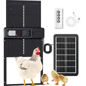 Solar powered automatic chicken coop door with timer, remote control, reinforced construction, built in battery, and solar panel power supply