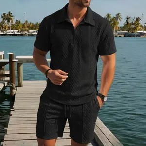Men’s Summer Basic Casual Set Jacquard Zipper Polo + Drawstring Shorts Versatile Breathable Two-Piece Set