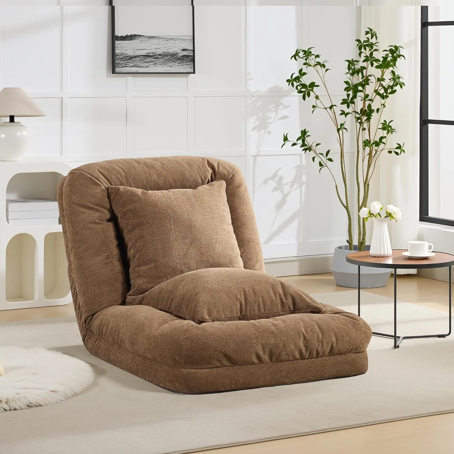 64.9" Chenille Tatami Upholstered Human-Dog Bed, Large Memory Foam Bean Bag Lounge Chaise with 5 Adjustable Positions, 2 Soft Pillows, Home Accessory for Adult/Pet Use in Bedroom, Living Room
