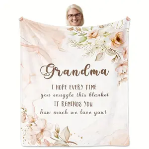 [Soft Polyester Grandma Blanket] Soft Polyester Grandma Throw Blanket - Contemporary Love & Flowers Pattern Knitted All Seasons Multipurpose Blanket for Sofa & Bed - Machine Washable, Digital Print, Perfect for Grandmother from Grandchildren-280GSM