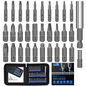 Damaged Screw Extractor Set, 32 PCS Stripped Screw Extractor with Magnetic Extension Shaft, Socket Adapter & 10 Screwdriver Bits, Stripped Screw Removal Tool for Broken Bolt & Screws