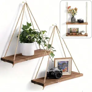 Wooden Swing Hanging Hemp Rope Wall Shelf, 1 Count Wall Mount Design Wall Mounted Floating Shelf, Plant Flower Pot Tray Storage Garden Decoration