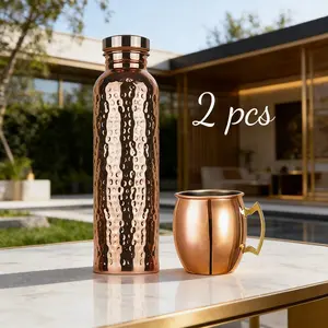 2pcs 34 Oz 100% Copper Water Bottle, Elegant Hammer Design, Leak-Proof Cover, Durable And Hygienic, Suitable for Home, Office, Travel, Birthday, Wedding, Housewarming Gifts, Handmade, High-Quality Craftsmanship, Reusable