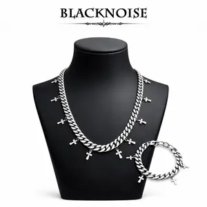 Goth Cross Cuban Link Necklace + Bracelet Set – Stainless Steel Chain Jewelry