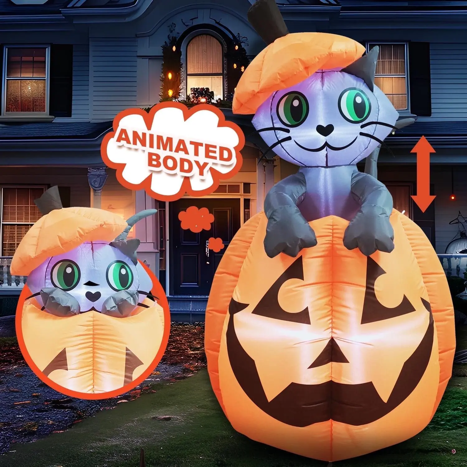 5 FT Tall Animated Kitty Cat Halloween Inflatable On Pumpkin Outdoor Decoration for Halloween Blow Up Yard Lawn Inflatables Gift