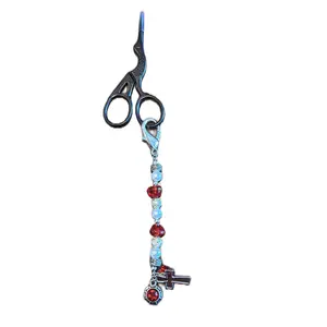 Black Bird Themed Embroidery Scissors with Handmade Antique Glass Bead Fob Featuring Red and Pearl Beads & Christian Cross Symbol