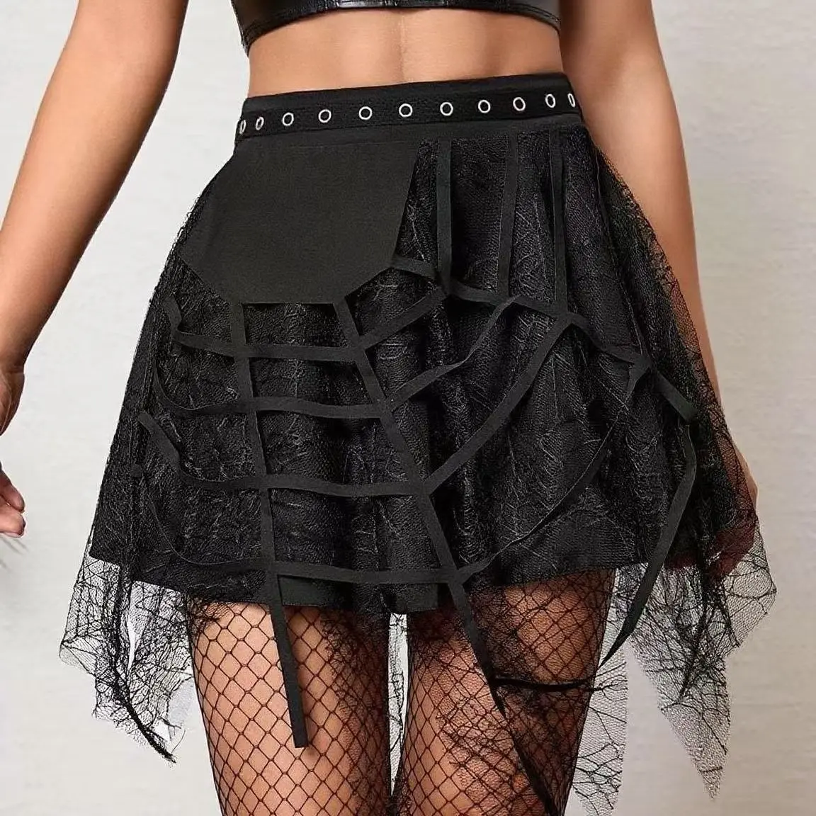 Gothic Lace Asymmetrical Mini Skirt, Strappy Mesh Irregular Hem High‑Waist Skirt
