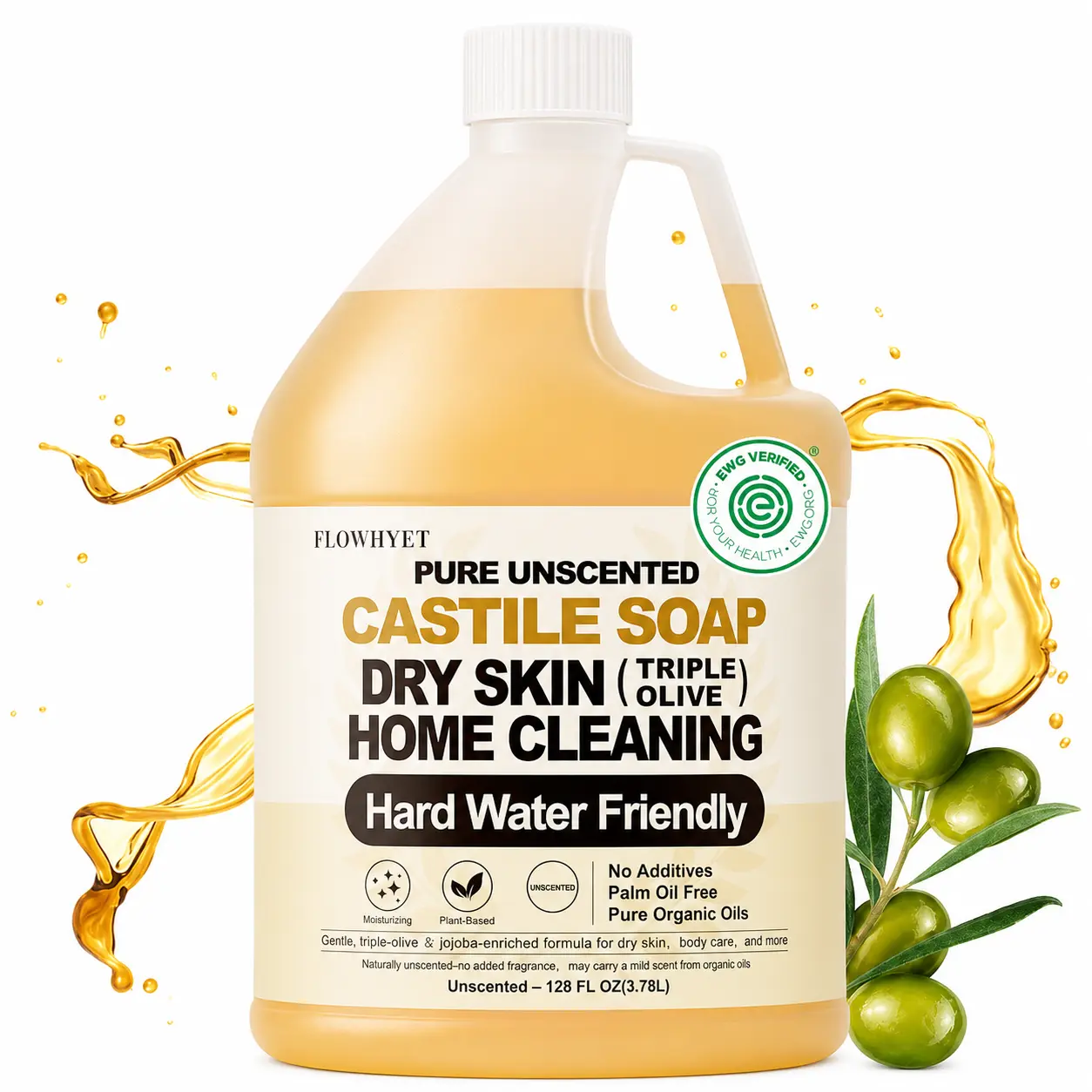 FLOWHYET EWG Verified Unscented Pure Castile Liquid Soap, 1 Gal (128oz) Moisturizing Cleanser - Hard Water Friendly Refill for Dry Skin (Body & Hand Wash)