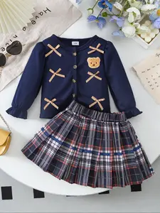 Girls' Knitted Cardigan Set with Bear Patch & Cross Decoration, Plaid Pleated Skirt, School Style, Comfortable, Perfect for Daily Use, Girl Clothes School