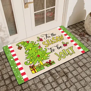 1 pc Christmas New Year Christmas Tree Print Door Mat, Linen Surface Diatomaceous Earth Non-Slip Water Absorbent Indoor/Outdoor Door Mat for Kitchen, Dining Room, Bathroom, Bedroom, Holiday Home Decor