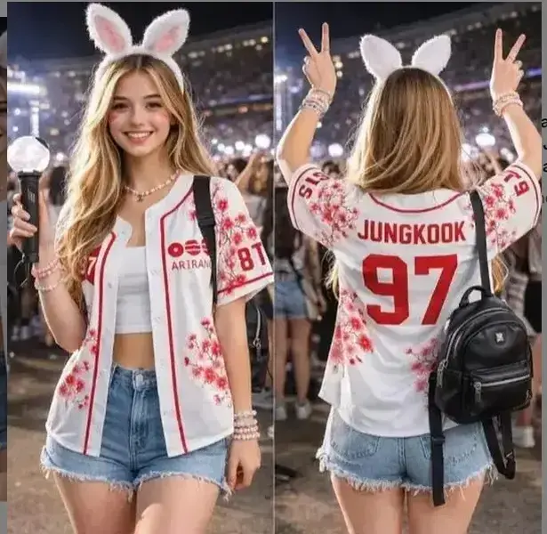 White Cherry Blossom Kpop Fan Baseball Jersey Red Sakura Floral Short Sleeve Button Shirt Concert Outfit Oversized Streetwear Gift for Her
