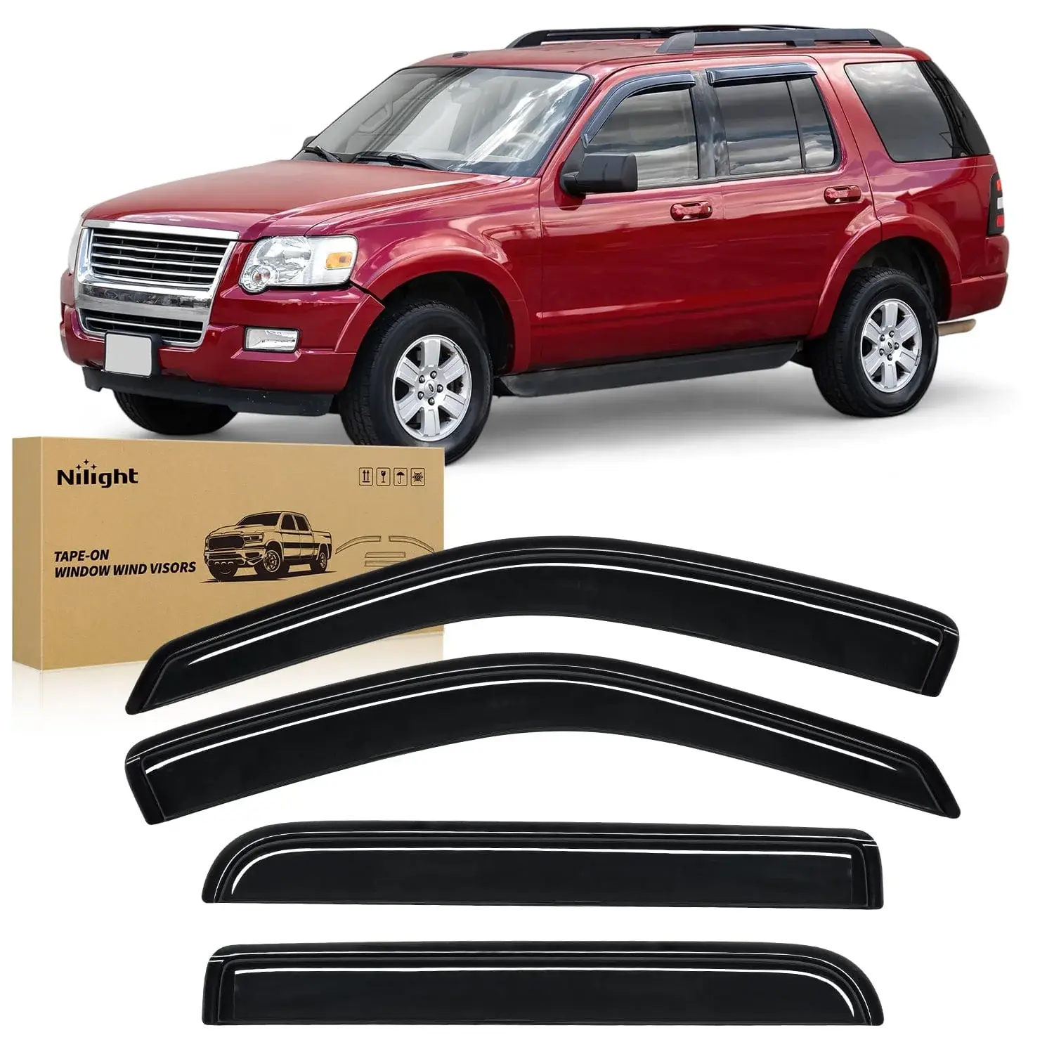 Nilight Tape-On Rain Guards Window Visors Vent Wind Deflectors - 4PCS Automotive Car Accessories for Ford Explorer 2002-2010 Vehicle Exterior Accessories