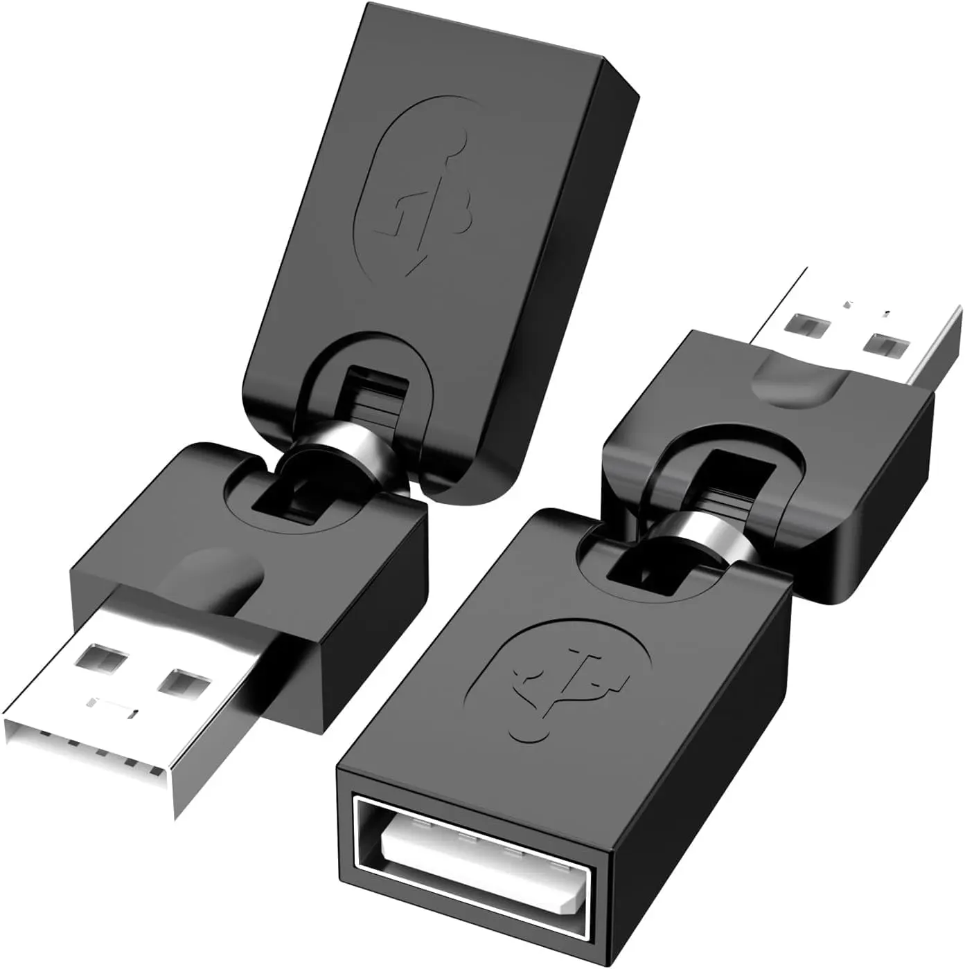 2 Pack USB 90  Adapter, Rotating and Swivel Twist USB 2.0 Type A Male to Type A Female 360 Degre Rotation Adjustable Right Angle Extension Adapter Convertor (Black, AM-FM)