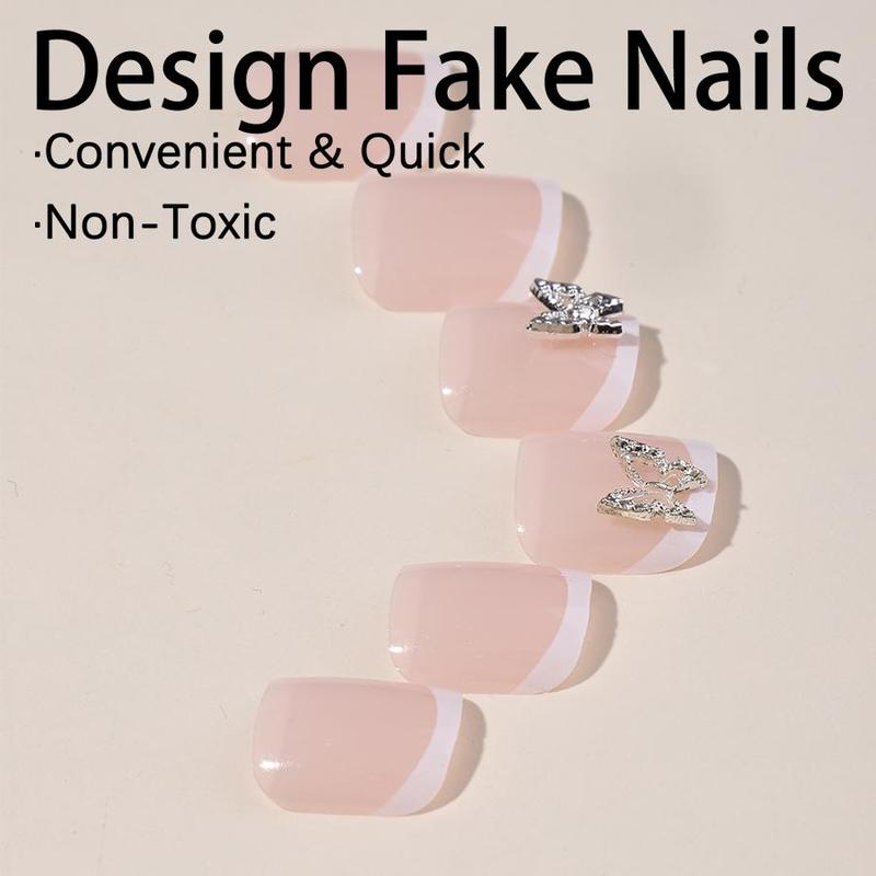 Colorblock 3D Rhinestone Butterfly Decor Press on Fake Toenail for Women & Girls Nail Art, 24pcs/set Fashion Press on Toenail & Tape & Toenail File, Nail Kit