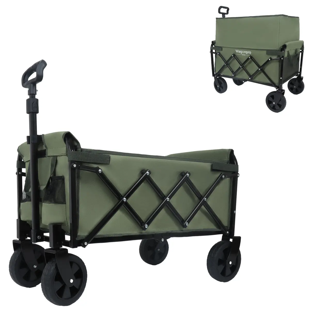 Army Green Heavy-Duty Expandable Dual-Layer Utility Wagon Cart - 225 lbs Capacity, 14.88 lbs Collapsible Folding Grocery Cart with Extra Storage, Swivel All-Terrain Portable Wagon (29.5x17.9x38.6 in) for Shopping, Fishing, Gardening