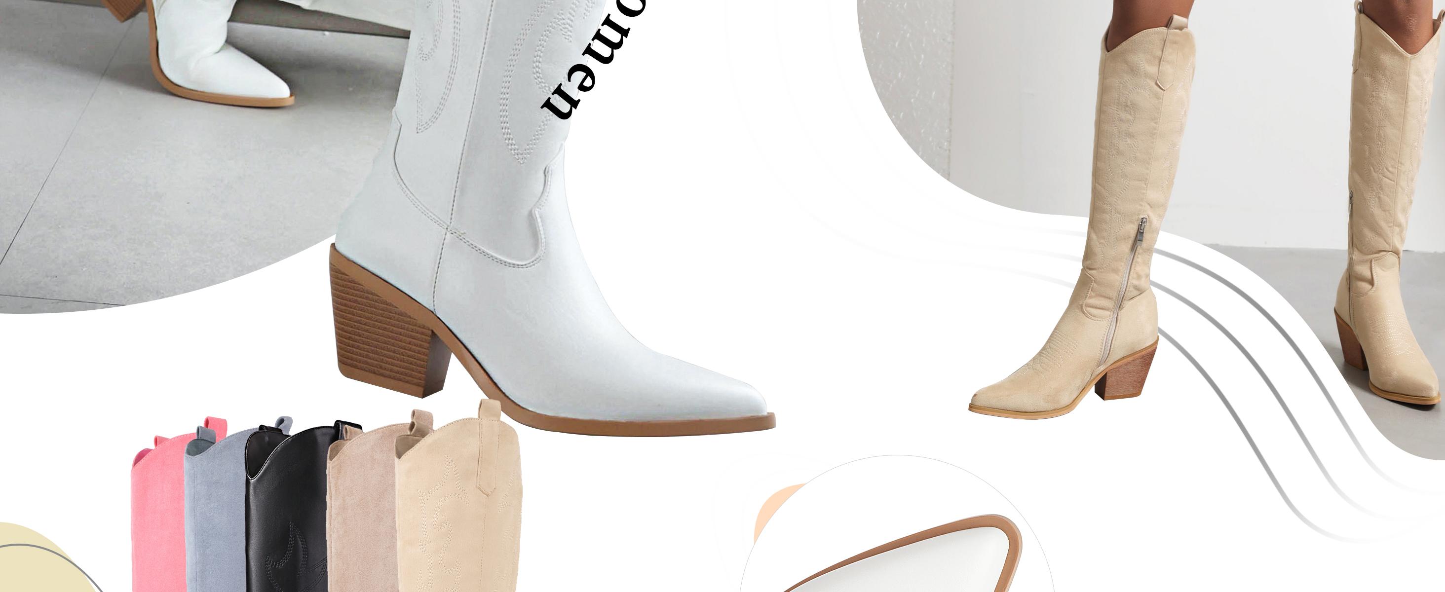 Reitoye Cowboy Boots for Women Embroidery Western Cowgirl Knee High Chunky Heel Boots with Pull-Up Tabs