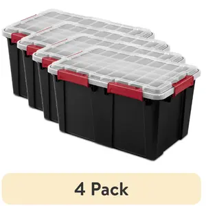 (4 pack) Sterilite Gasket Tote, 13.5 Gallon WaterProof Plastic Storage Bin with Lid, Gasket Seal and Durable Latches, Black