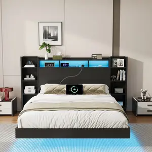 Twin Floating Bed Frame with LED Lights and Storage Headboard, Heavy Duty Visual Floating Bed with USB Charing Station, Twin Size Metal Platform Bed with Stable Structure, No Box Spring Need, Easy Assembly, Black
