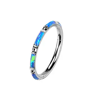 Rectangular Synthetic Opal Inlaid Hinged Segment Ring (Blue)  - G23 Implant Grade Titanium