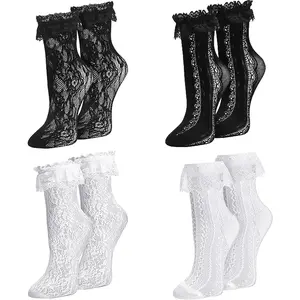 Womens Lace Ankle Socks Ruffle Frilly Dress Socks Sexy Mesh Lace Trim Lolita Sock Lacy Ruffled Bootie Sock for Woman