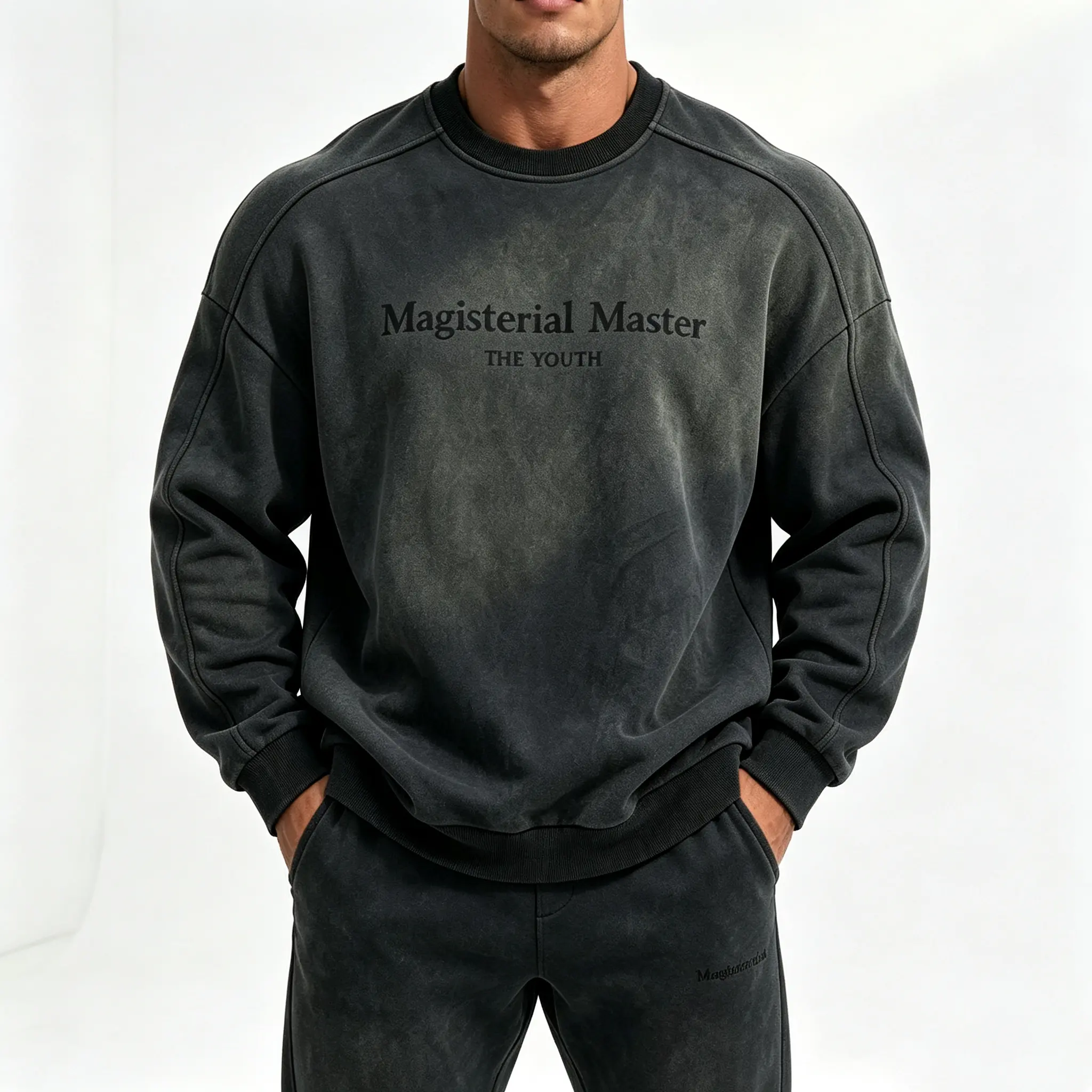 Men's Retro Distressed Suede-Feel Fabric Crewneck Sweatshirt - Spring/Autumn Menswear, Raglan Sleeves, Stretch Ribbed Loose Drop-Shoulder Relaxed Fit, Letter Print Pullover Top fall clothes