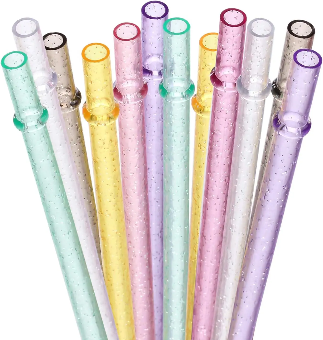 BPA-Free 12 Piece 11 Inch Reusable Clear Plastic Glitter Sparkle Drinking Straw Plus one Cleaning Brush (6color,11inch)