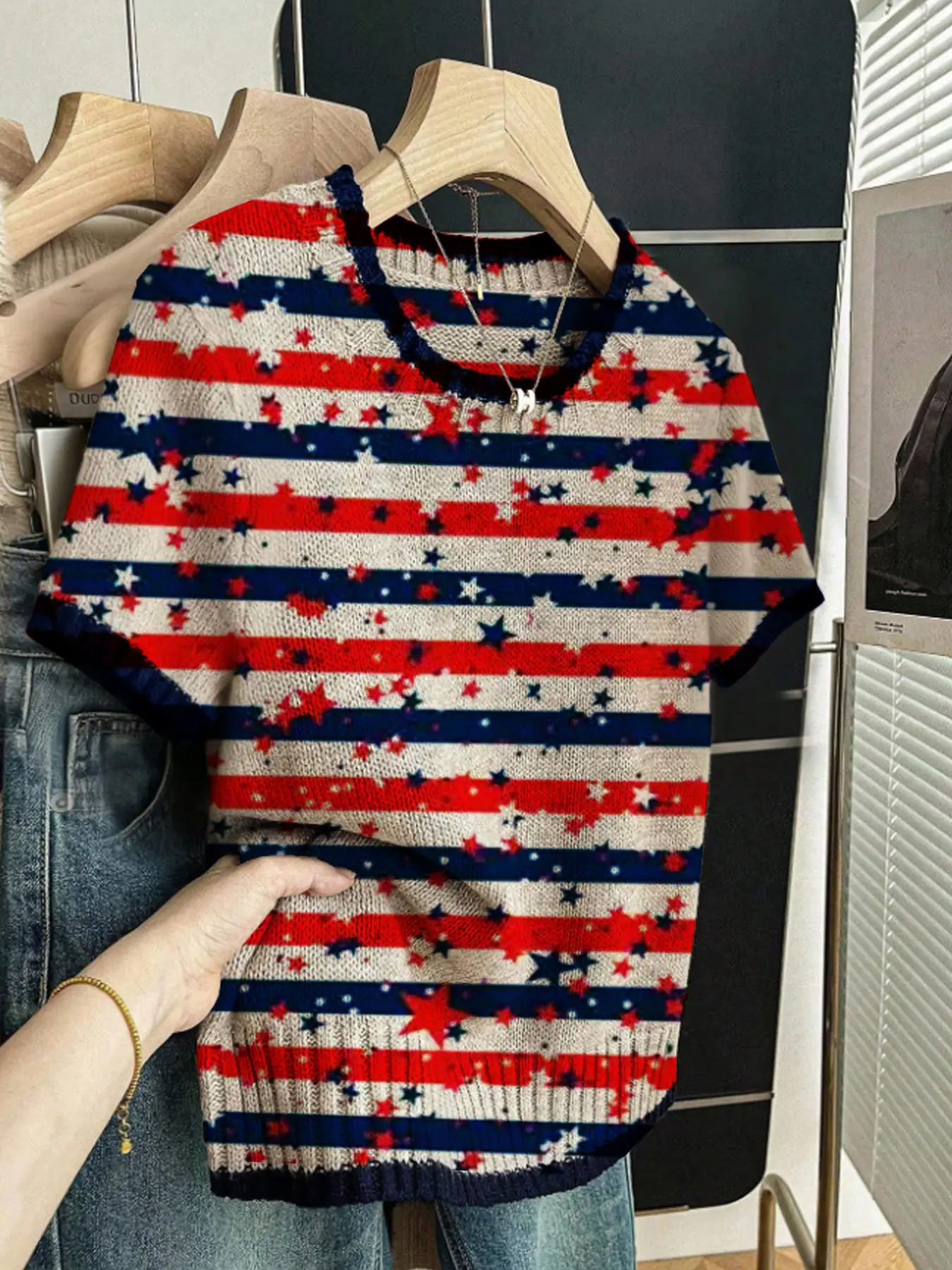 Striped Colorblock Print Round Neck Fitted Sweater, Casual Short Sleeve Knitwear for Spring Summer Fall, Comfortable Warm Women's Clothing