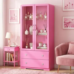 RoyalCraft L Display Cabinet with Acrylic Doors, Modern Storage Cabinet with LED Lights, Bookcase with Drawers & Adjustable Shelves, 3-Tier Curio Cabinet for Living Room, Home Office, DopamineDecor