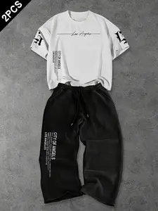 American Streetwear Cleanfit Men's Los Angeles Theme Graphic Print Two-Piece Set, Soft Breathable Fabric, T-Shirt + Straight Leg Pants, Urban Style