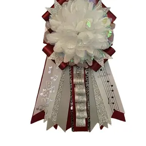 Homecoming Mini Mum for Tumblers - White Flower Design with Red and Silver Accents and Musical Note Ribbons