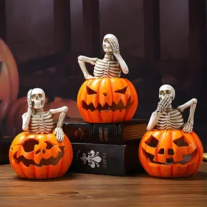 Creative Halloween Pumpkin Skull Lamp Ornament, Resin Skeleton Head Craft, Party Decoration Prop, Home Shelf Fireplace Decor
