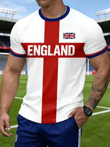 England Football T-Shirt, Large Letter Print, Casual Sports Top, Athletic Top, Sporty Casual Wear, Must-Have Culture Tee, Short Sleeve, Long Length, Loose-Fitting