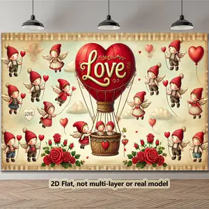 2D Flat, 1pc Large Heart Balloon Wall Hanging - 151.89x91.95 cm/212.85x151.89 cm Durable Polyester Photo Backdrop with Red Balloons & Cupids - No Electricity Needed, Vibrant Home Decor For Christmas, New Year, Birthday, Halloween, Thanksgiving