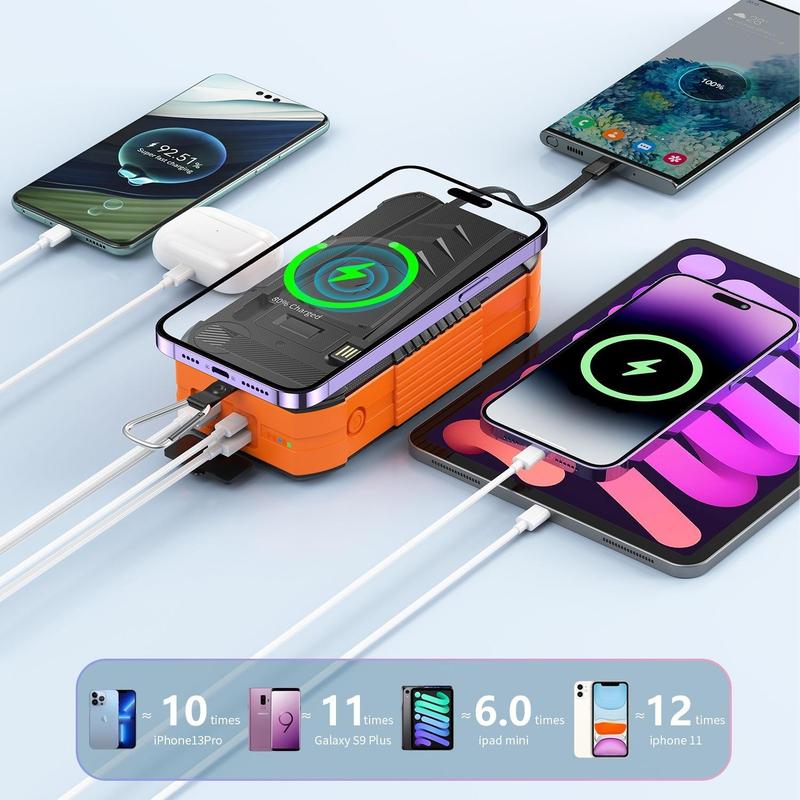 Bdjsad Solar Charage Power Bank 65800 mAh Wireless Fast Charge Hand Crank ultralarge capacit for All Mobile Devices,Intelligent Charging Made With Compass,Flashlights,LED lights,Large Capacity Outdoor Cam Magnetic Portable cellphone Accessories Smartphone