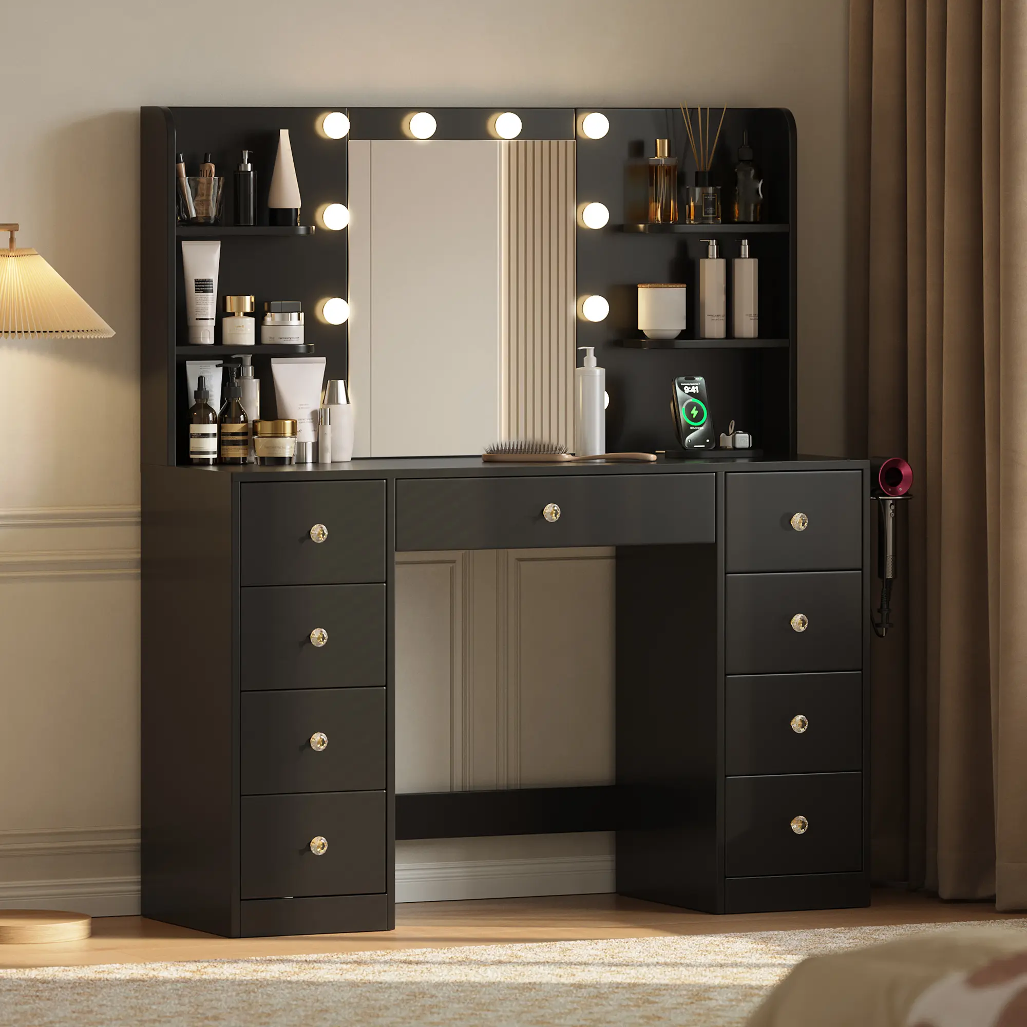[FallPick] Makeup Vanity Desk with Mirror&Lights,9 Drawers&6 Storage Shelves,Dressing Table Power Outlet, 3 Color Modes&10 LED Bulbs for Girls Bedroom,Perfect Gift for Her – bedroom essential, Lighted Vanity Mirror Makeup Vanities