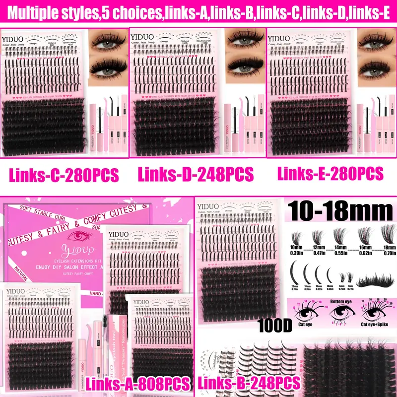 3-5 Styles Lash Clusters Kit, 60D/80D Manga Volume 3D Eyelash Extensions, 6-20mm D Curl Wispy Individual DIY Lash Clusters with Bond & Seal, Tweezers & Removers, Fluffy Individual Lashes