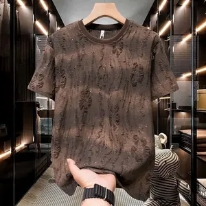 2025 Summer Starry Sky New Short Sleeve Men's Half Sleeve Versatile Trendy Sequin Gradient Ripped Crew Neck Top Casual Graphic Cotton T-Shirt