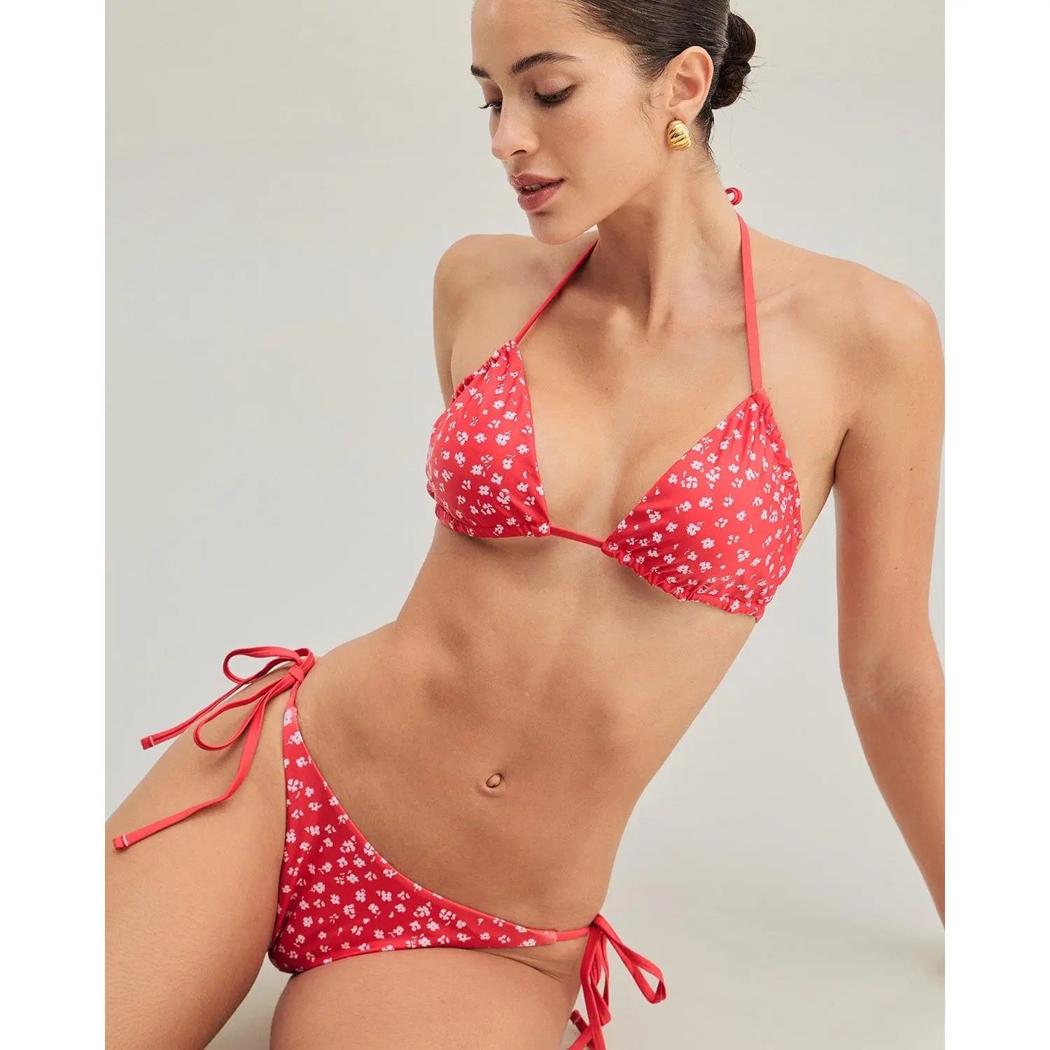 rihoas Women's Red Floral 2 Piece Spaghetti Strap Triangle Swimsuit Set, Drawstring Top, Floral Bottom for Women, Floral Bikini Bottom, Spaghetti Strap Swimsuit