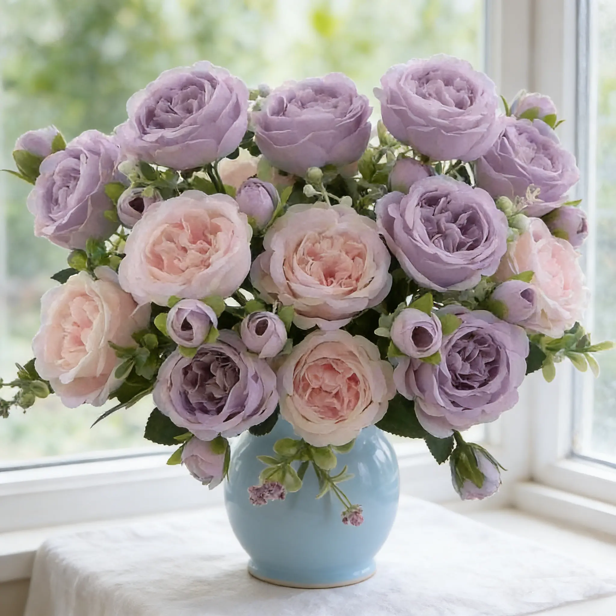 3-Stem Light Purple & Pink Peony Artificial 3D Bouquet, Decorative Fake Flowers & Plant, Realistic Floral Decor & Flower Design Decorations, No Vase Needed for Wedding, Party, Home Kitchen Table Centerpieces
