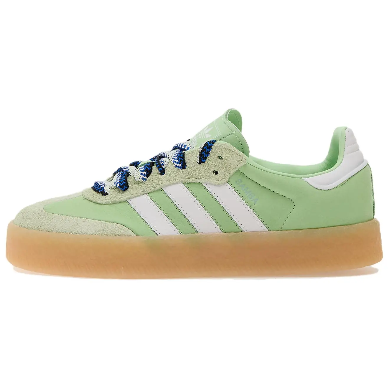 Adidas Women's Closed Sambae Leather Sports Footwear - Retro Style Platform Trainer, Semi Green Spark, White & Wonder Blue Casual Sneakers, Shoe, Sports Shoes, Athletic, Runs Small, Casual Trainers, Female, Stripes, Retro Look, Signature Stripes, Leather,