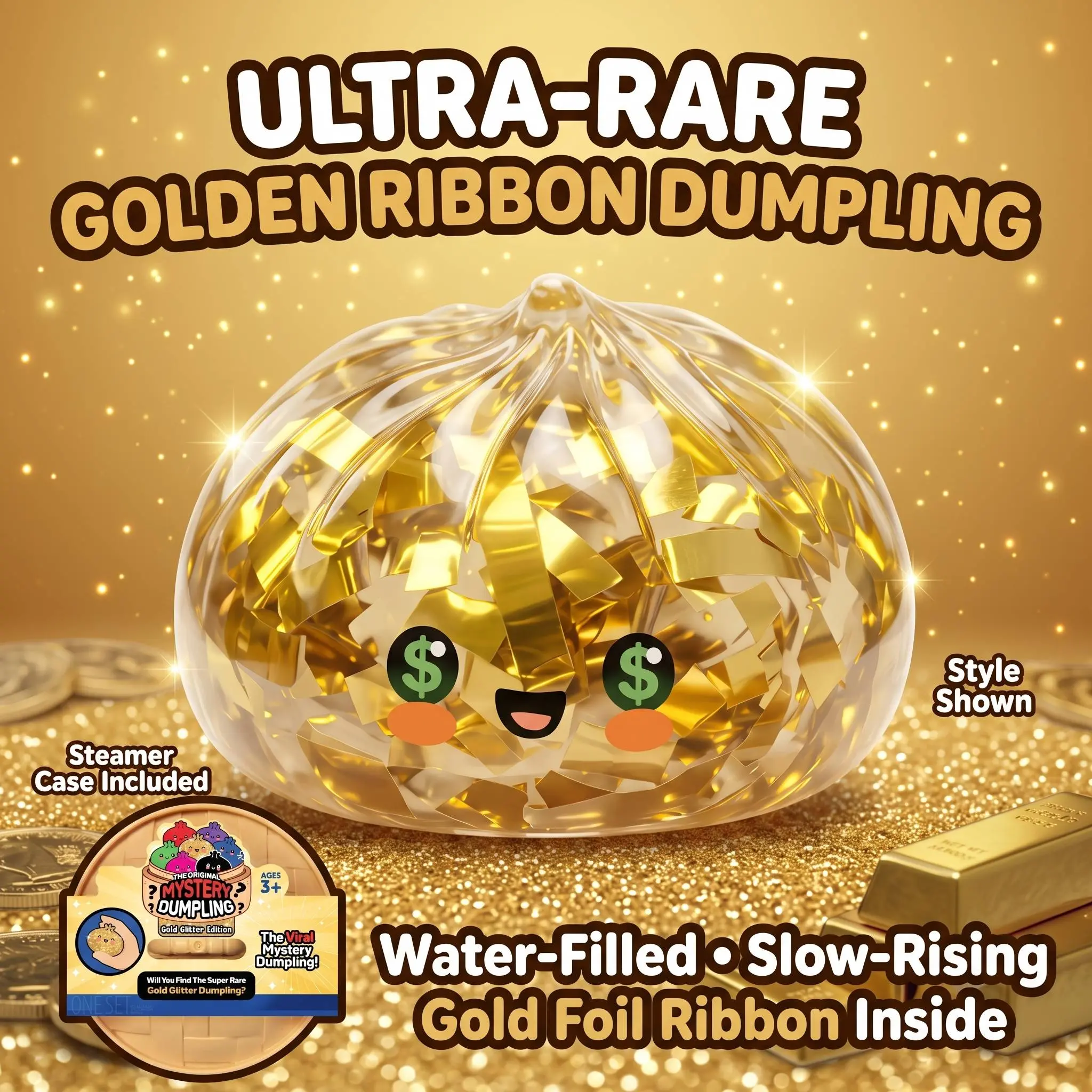 Shimmering Steamer-Case Dumpling Squishy, Gold Glitter Water-Filled Fidget Toy with Golden Ribbon, Slow-Rise Soft Squeeze Sensory Toy for Desk Breaks, Gift Baskets, Photo-Ready Collectible Display, Handheld Stress Ball, Small Gift, No Setup Needed